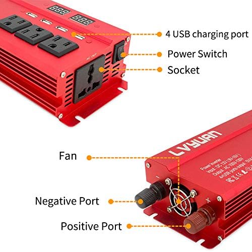 Inversor de energia Lvyuan 1000W/2000W 4 pontos de venda e 4 portas de carregamento USB DC para inversor CA 12V a 110V Converter