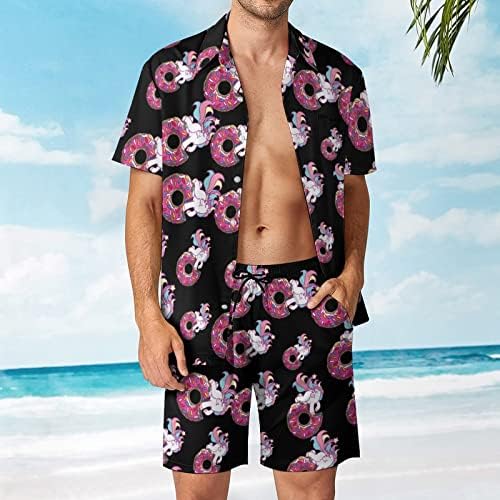 UNICORN DONUT MEN MENS 2 peças Hawaiian Set Button-Down Sleeve Shirts Calças de praia Faixa Fit