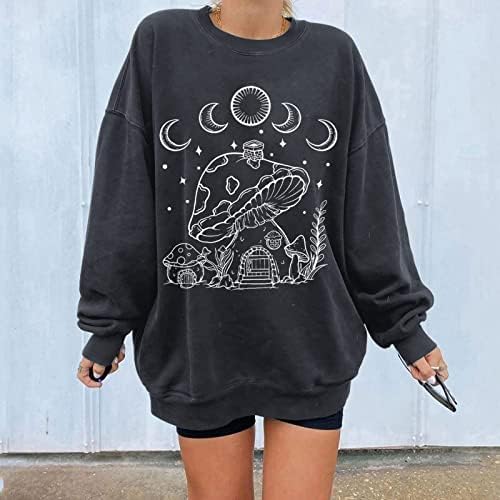 Fzylqy Moletom de tamanho grande feminino Cogumelo de cogumelo de impressão gráfica Crewneck Longa de manga longa Tiradas de ombro Tops Vintage