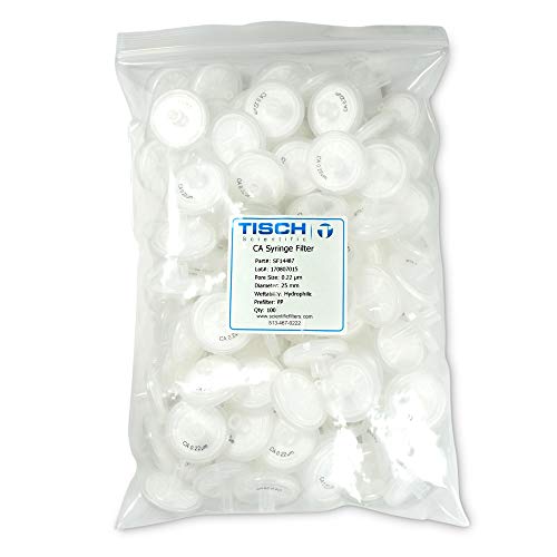 Marca Tisch SF14487 Filtro de seringa de acetato de celulose, 0,22um, 25mm, 1/pk/100 por pacote | Mistabilidade: hidrofílica