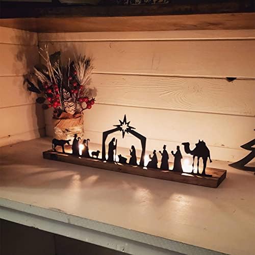 Racsoh Natividade Conjunto de natividade, conjuntos de natividade black metal para o Natal interno, com base de madeira e luzes, figuras
