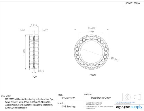 FAG 23036E1A-M Rolamento esférico, furo reto, gaiola de latão, folga normal, métrica, ID de 180 mm, 280 mm OD, largura