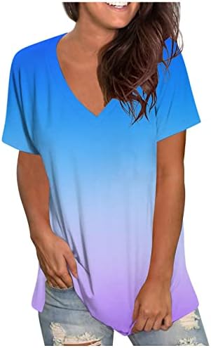 Gradiente feminino Summer Tops 2023 Bloco de colorido em vaca curta Túnicas de camiseta casual de camiseta casual túnicas