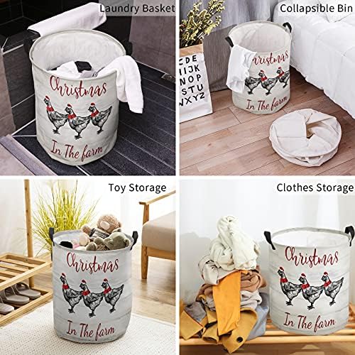 Frango de linha preta com chiristmas Decoração vermelha Oxford Cloth Laundry Hampers, Retro Wood Stripes Grain Farm Animal Casket