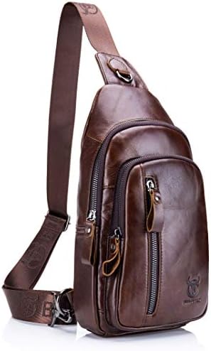 Bolsa de esteira bullcaptain massinha de couro genuíno Mochila de ombro de peito Crossbody Viagem ao ar livre Daypack casual, Média