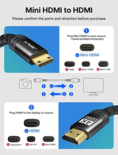 JSAUX Mini HDMI para cabo HDMI 15 pés, casca de alumínio, trançada] Cordão de alta velocidade 4k 60Hz HDMI 2.0, compatível