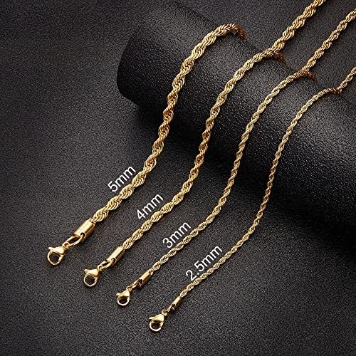 18k Cadeia de corda com ouro real 1,8 mm 2,5 mm 5mm de aço inoxidável Twist Chain Colar para homens 16 polegadas 36 polegadas