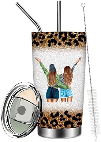 Canecas Bestie Bestie Travel Caneca Cup de vácuo Isolado, Best Friends Tumbler Sister Coffee Cup com palha de tampa, xícara de leopardo