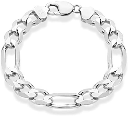 Miabella 925 Sterling Silver Italian 11mm Solid Diamond Cut Figaro Link Chain Bracelet para homens 7,5, 8, 9 polegadas feitas
