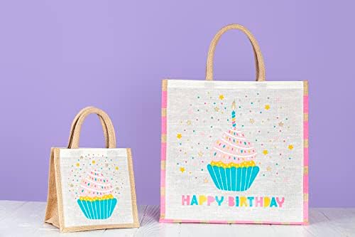 Imagine Color Birthday Birthday 6 Pack Mini Jute Burlap Sacos Regimtáveis ​​exclusivos, Eco-amigável, alças de algodão, reutilizáveis ​​e biodegradáveis, sacolas de presente de boa