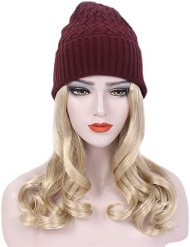 HGVVNM Fashion Europeu e American Ladies Hair Hat One Long Curly Gold Wig and Hat Hat One Black Knit Hat Wig