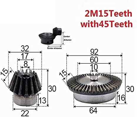 Indústria 2pcs 1: 3 engrenagem chanfrada 2 módulo 15 dentes Hole 8mm 45t Diâmetro interno 10mm 90 graus comutação de engrenagens de