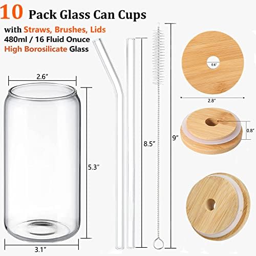 Randa de 10 xícaras de vidro com tampas e palhas de bambu, 16 onças de copos bebendo copos de 10, copos de copos de vidro para café