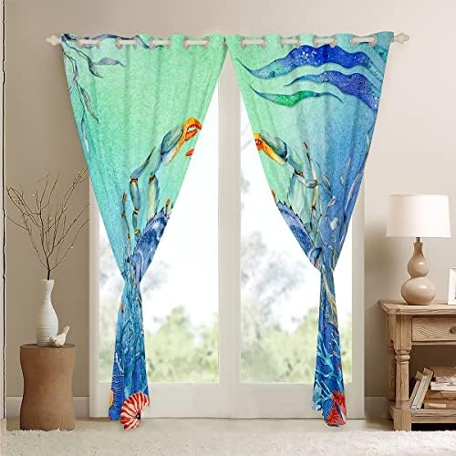 Cortinas de caranguejo azul -petróleo, cortinas de janela de caranguejos 3D Kids, cortina de vida marinha verde de meninos verde,
