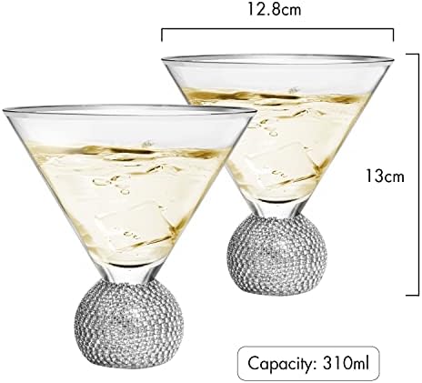 Diamante cravejando copos de martini conjunto de 2 - The Wine Savant - Glass de coquetel moderno com aro prateado, diamantes