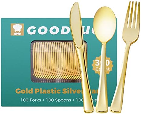 300pcs de talheres de plástico ouro, dispensas de talheres de ouro pesado, conjunto de utensílios de ouro plástico de 100
