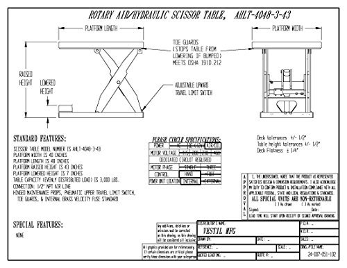 Vestil AHLT-4048-3-43 Tabela de elevador de tesoura hidráulica de ar de aço, 3000 lb., 7 de altura