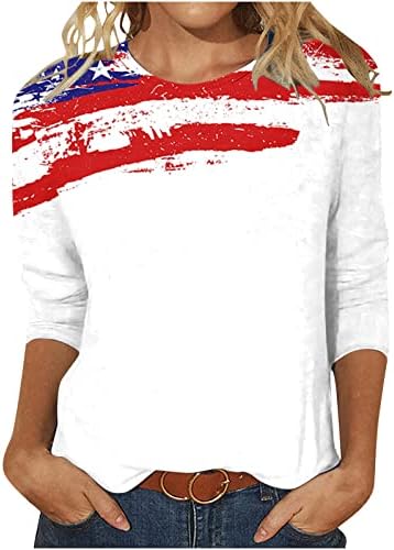 Color Block Merica Stars Print Top para Juniors Fall Summer Summer Short 3/4 Sleeve Crewneck Tops Teen Girls 2023 Roupas