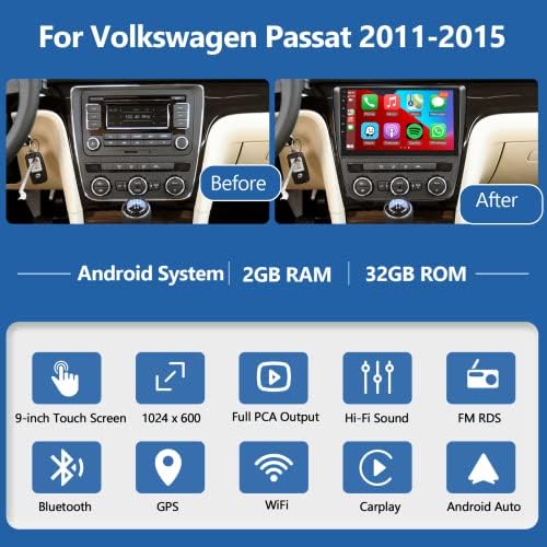 2g+32g estéreo de carro para Volkswagen Passat 2011-2015 com Apple sem fio CarPlay Android Auto Screen de toque de 9 polegadas