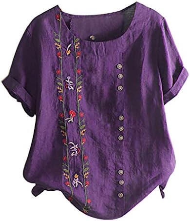 Mulheres Floral Bordado Bordado Camiseta de Linho de Linho de Algodão Blusa Bohemiana