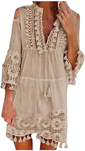 Vestidos fofos para mulheres, mulheres moda de três quartos de manga boho vestido renda de renda com garganta em V mini vestido