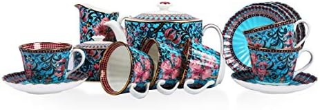 Vikas Khanna, de Celeste Moksha Hand Craft 24k Copo de cerâmica e pires com chá de 6, colorido-céu azul