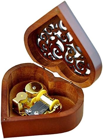 Fnly Antique Graved Wooden Wind-Up Musical Box, Edelweiss Musical Box, com movimento de placas de ouro, em forma de coração