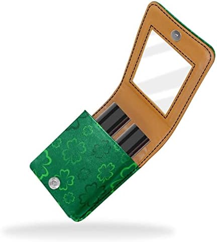Caixa de batom de batom de viagem Guerrotkr, saco de maquiagem portátil de batom com espelho, padrão de trevo verde do dia de