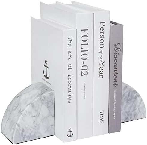 Mygift White Mármore Decorativo Livros com design arredondado e fundo não deslizante, suportes de livros pesados ​​- 1 par