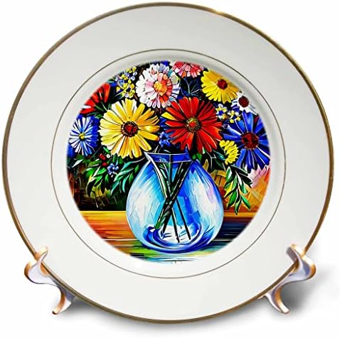 Flores coloridas festivas 3drose em um vaso de vidro no presente da mesa do jardim - pratos