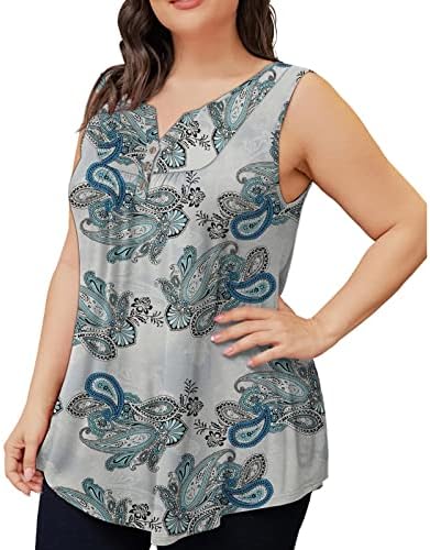 Tops femininos, tanques de pescoço feminino Tamas de pescoço plufuizado blindas manchas de tamanho grande sem mangas e casuais camisas florais de verão