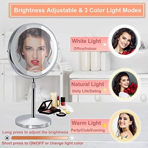 Espelho de maquiagem iluminado com 3 luzes coloridas, altura ajustável, espelho cosmético de luxuosa de dupla face de