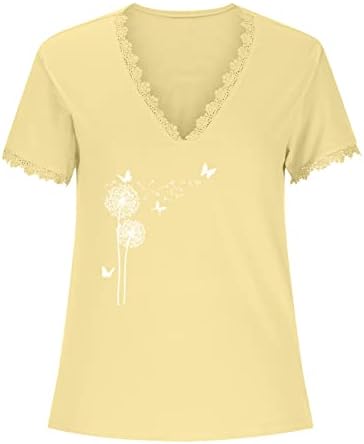 Women Lounge Tops de manga curta superior camisola t camisetas renda v pescoço borboleta dente de leão floral túnica slim sexy