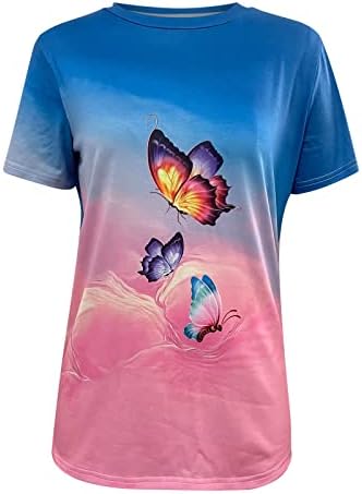 Tampos de impressão de borboleta colorida para mulheres, Casual Casual Crew pescoço de manga curta Camisetas de verão Summer Logo