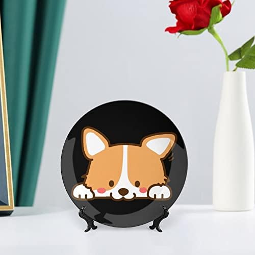 Cute Corgi Dog Bone China Decorativa Placas Cerâmicas Artesanato Com Display Stand for Home Office Wall Decoration