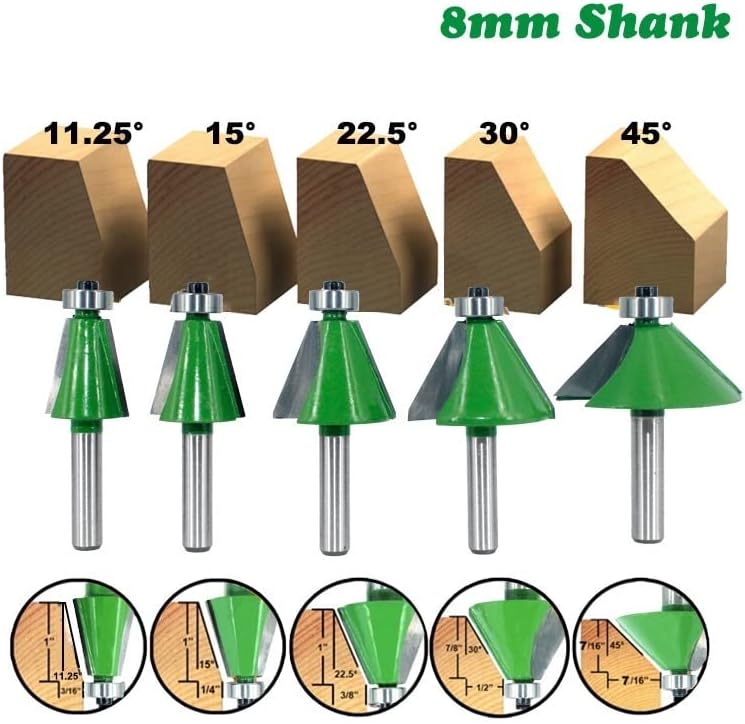 Jrenbox Router Bits 5pcs Conjunto de 8 mm de chanfro de 8 mm Bit 11.25 15 22,5 30 45 graus Cutter para Machine Tools de madeira de madeira