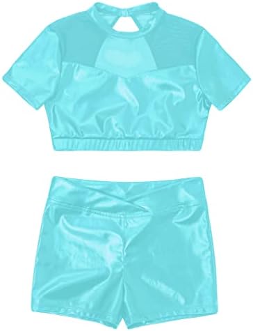 LOODGAO CRIANÇAS MENINAS RECESSAS DE DANÇA DE DANÇA DE DANÇA DE METALLIC Brasas de malha metálica Top com shorts Conjunto