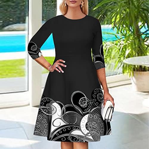 Vestido de linha A-line de tamanho grande para mulheres 3/4 de manga High Swent Dress Swing Swing Padrão de vestido casual redondo de pescoço redondo