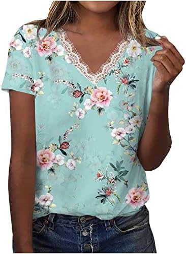 Women Lace V pescoço túnica vestida Túnica de verão Camisas de manga curta solta camisetas gráficas florais casuais sando de tamanho grande