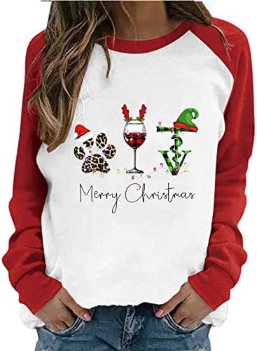 Camisas de Natal para Mulheres, Feliz Feliz Natal Vinho Glass de Papai Noel Hat de Matalha Longa de Manga Longa Molus