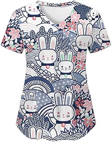 Womens Summer Tops Women Women Casual Páscoa Bunny Impressão de manga curta V bolso de pescoço de pescoço solteira Meninas de primeira linha