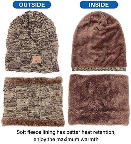 LCZTN Mens Winter Feanie Hat Sconef Conjunto de lã quente Chapéus de esqui de malha revestidos Capinho de crânio Slouchy para presente unissex