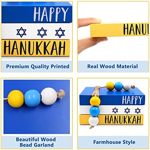 Feliz livro de Hanukkah com contas de madeira Hanukkah Livros de madeira decorativa Conjunto de madeira Livros de madeira CHANUKAH decoração de bandeja em camadas