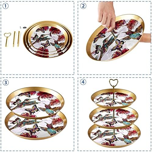 Dragonbtu 3 Cupcake Stand com Rod Gold Rod Plastic Triered Tower Tower Bandeja Hummingbirds Butterflies Display de doces de frutas