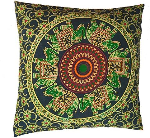 Rastogi Handicrafts Multi Use Cushion Cushow Casows Caso Caso Caso de sofá Bolck Mandala de elefante imprimido Mandala