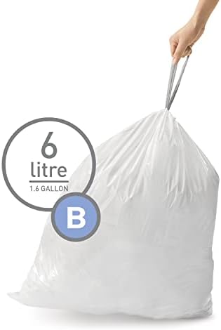 Simplehuman Código B Sacos de lixo de cordão personalizado em pacotes de dispensadores, contagem de 150, 6 litros / 1,6 galão, branco
