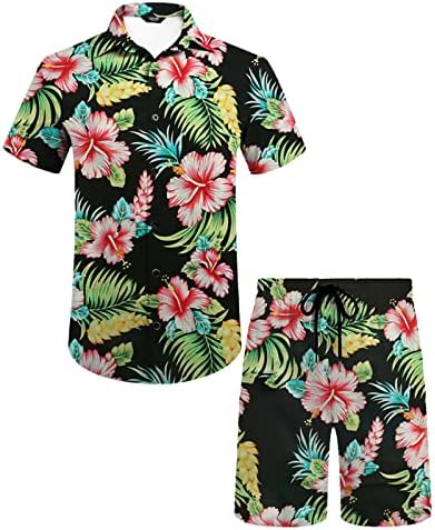 Lujengefa Mens 2 Peças Camisa e shorts Hawaiian Define o botão de impressão tropical floral de roupas de roupa para férias de praia para férias