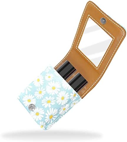 Caixa de batom de maquiagem portátil para viajar, Daisy Floral Blual Mini Lipstick Storage Caixa com espelho para mulheres