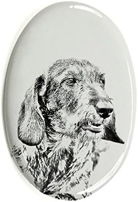 Dachshund, lápide oval de azulejo de cerâmica com uma imagem de um cachorro