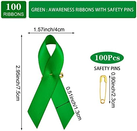 WANDIC 100pcs Green Ribbon Cetina Pins de câncer de fígado Problema de conscientização da fita pino de saúde mental pinos